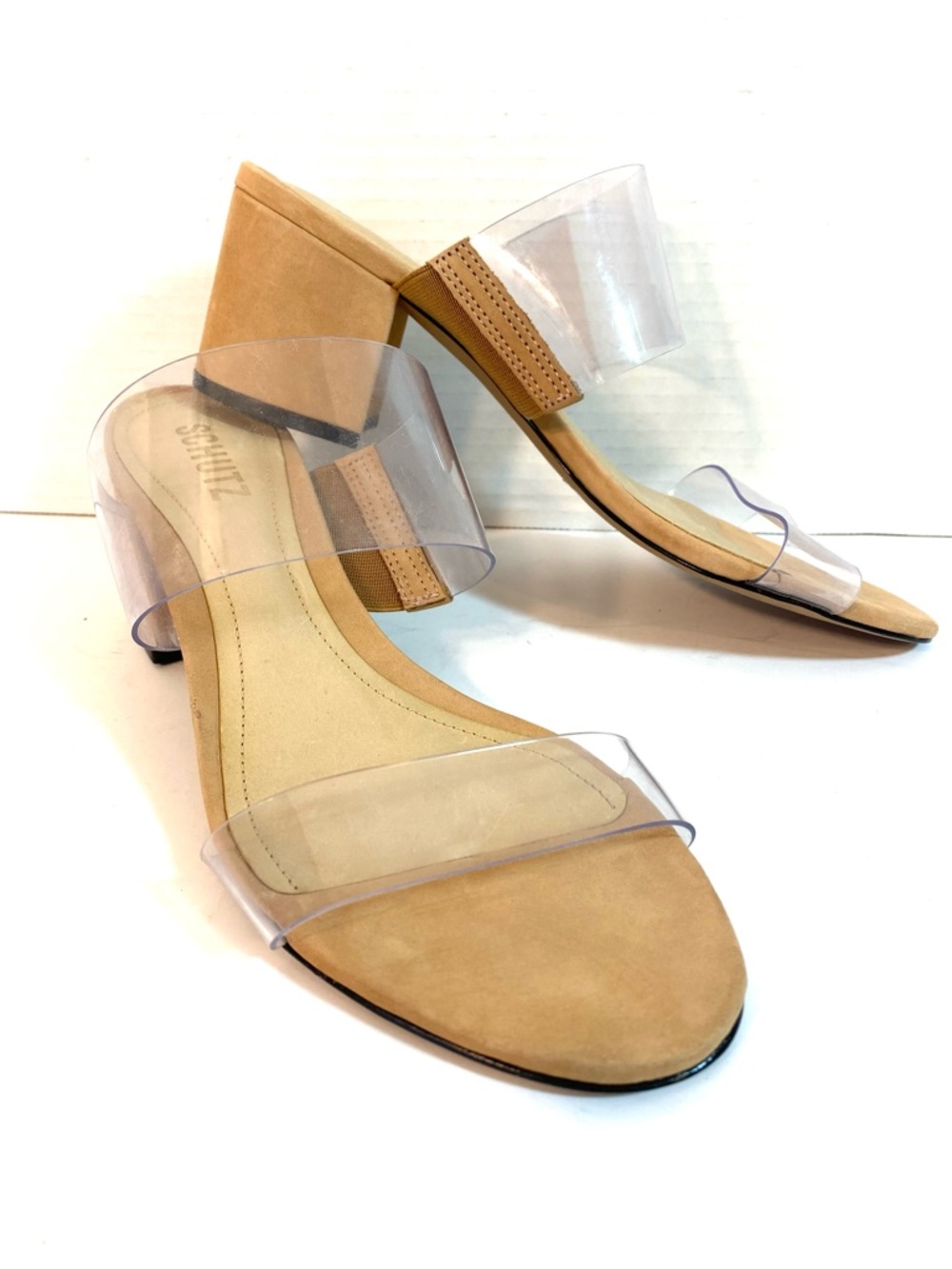 SCHUTZ Victorie Slides Sandals Clear Straps Beige Suede Chunky Heels - NWOB - Picture 2 of 10